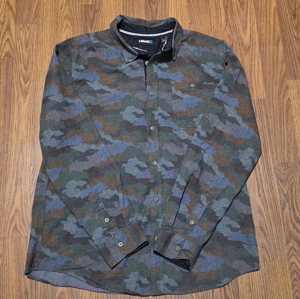 Tony Hawk Mens Large Camo Flannel Shirt Jacket Shacket Military Blue Green E50